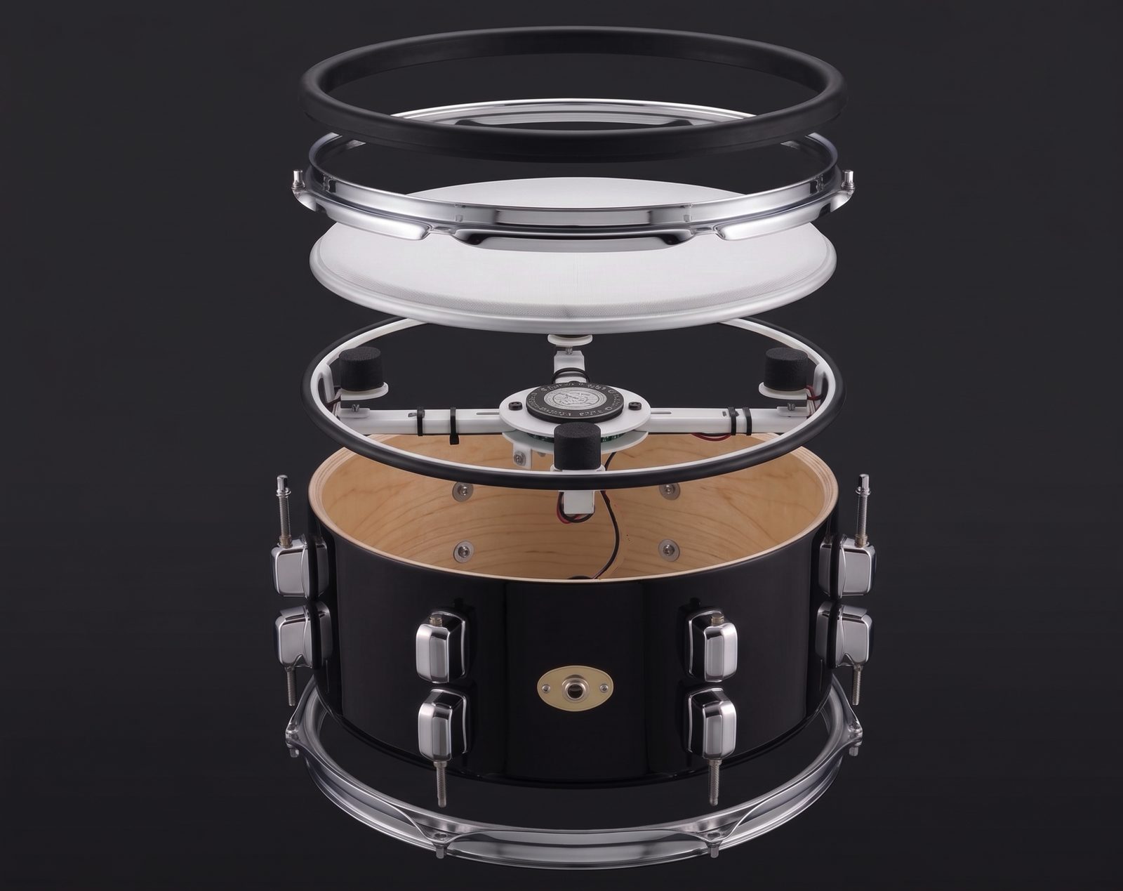 Exploded view of the A2E snare showing mesh head, Jobeky 4-point trigger, shell and TRS jack