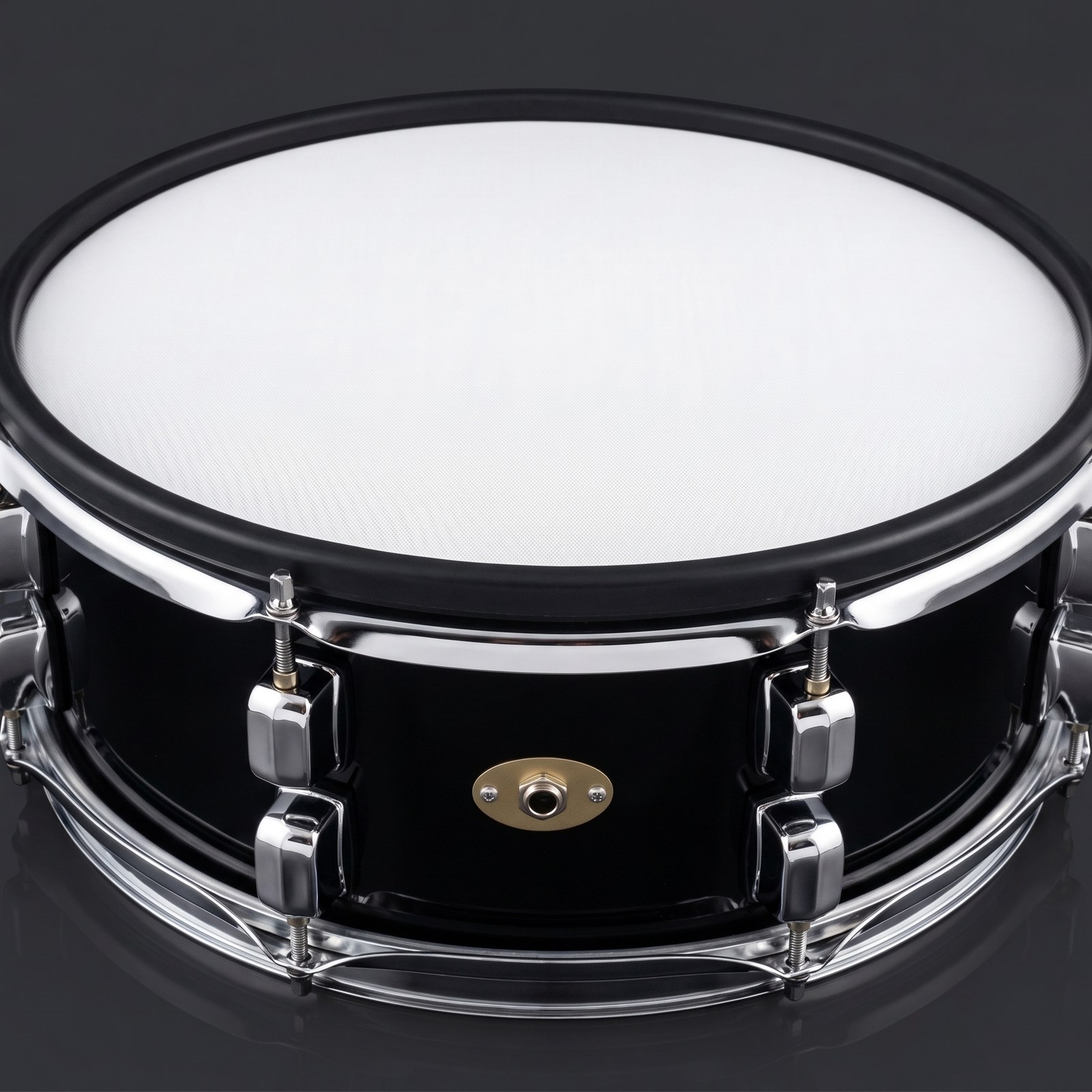 Three-quarter studio shot of the black sparkle 14 inch A2E snare with white mesh head, black rim guard and TRS jack plate